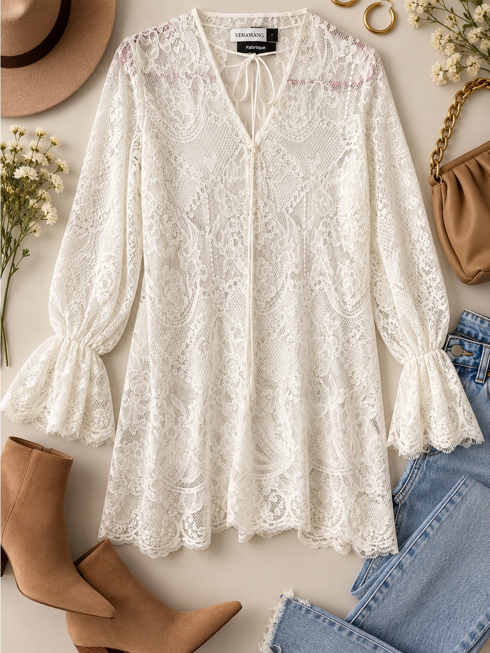 Vera Wang Fabrique White Lace Bell Sleeve Tunic Dress – Size L